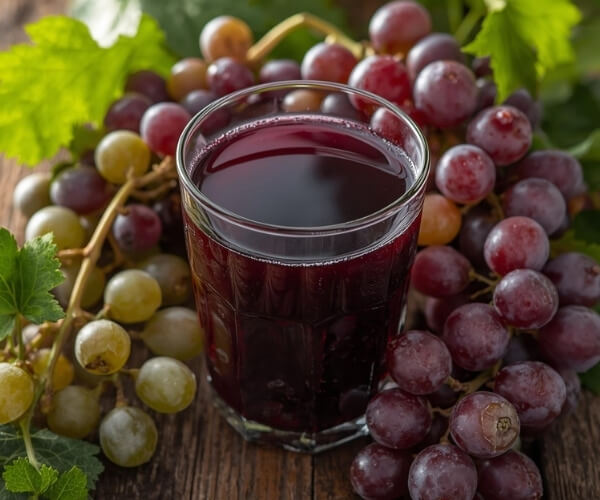 Traubensaft neben Weintrauben